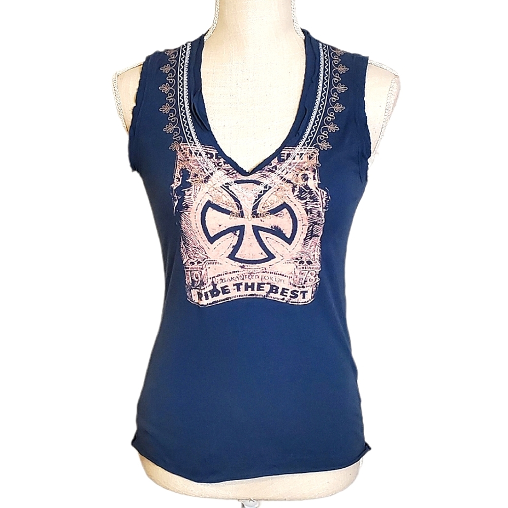 POUT | Women's blue with pink cross graphic v-neck tanktop. Size M